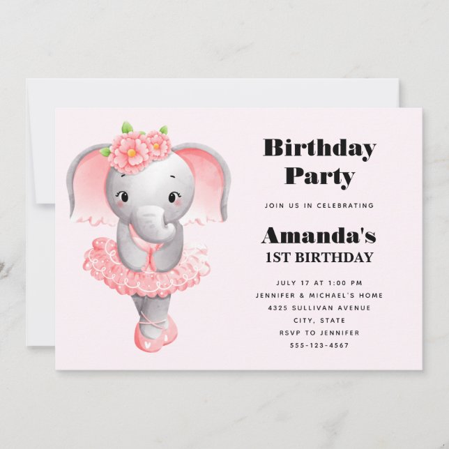 Invitation Adorable Ballerina Elephant En Pointe Anniversaire (Devant)