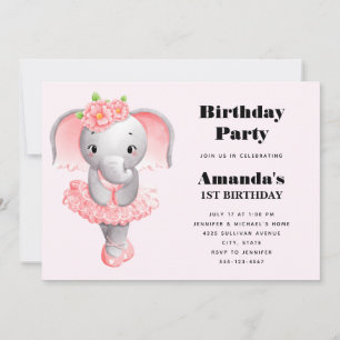 Invitation Adorable Ballerina Elephant En Pointe Anniversaire