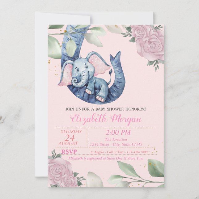 Invitation Adorable bébé éléphant, Feuilles, Baby shower flor (Devant)