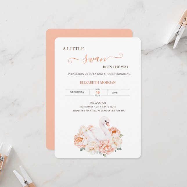Invitation Adorable bébé Swan Rose Baby shower (Devant/Arrière en situation)