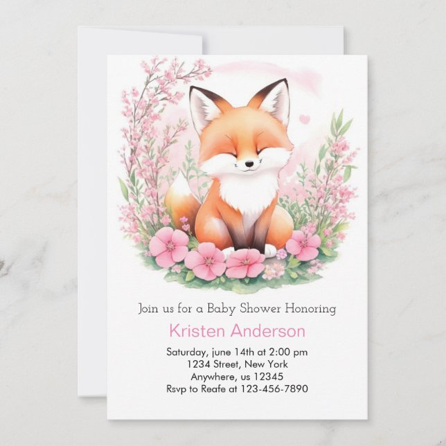 Invitation Adorable Boho Renard rose Forêt Baby shower Fille (Devant)