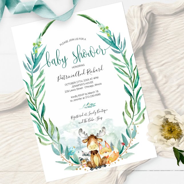 Invitation Adorable Bois Animaux Baby shower verdoyant (Créateur téléchargé)