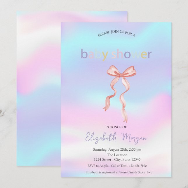 Invitation Adorable Bow rose Baby shower holographique (Devant / Derrière)
