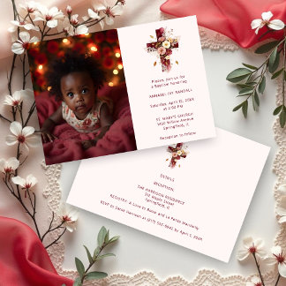Invitation Adorable Burgundy Glitter Floral Cross Baptism