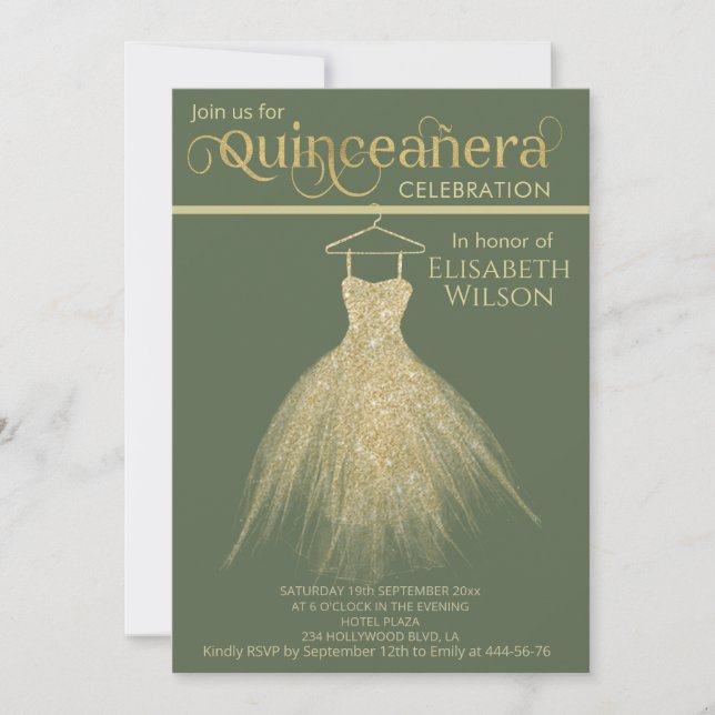 Invitation Adorable chic robe or calligraphie Quinceañera (Devant)