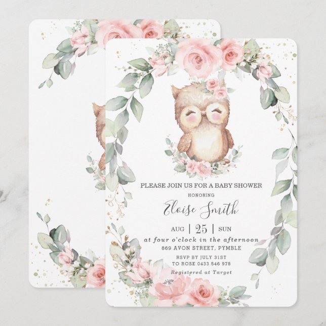Invitation Adorable Chouette rose Baby shower de verdure fleu (Devant / Derrière)