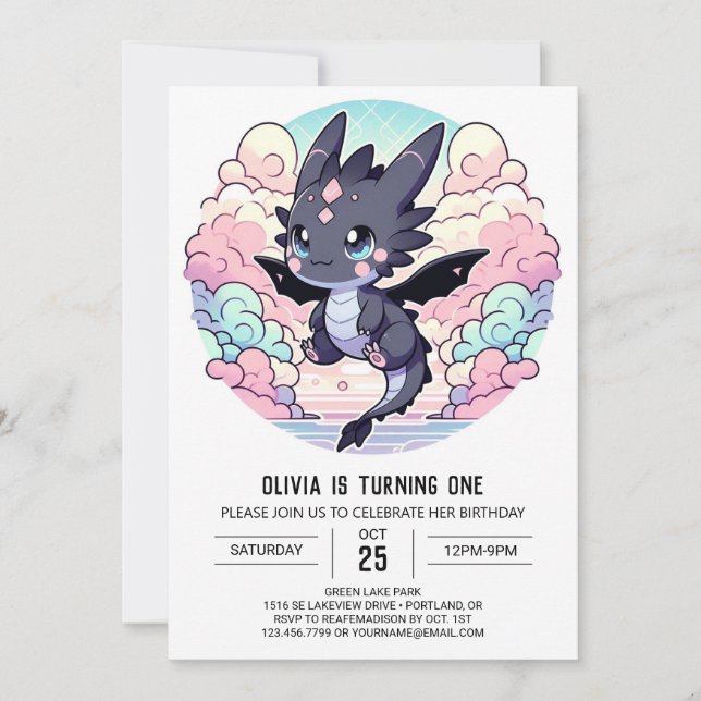 Invitation Adorable Dragon 1er Anniversaire (Devant)