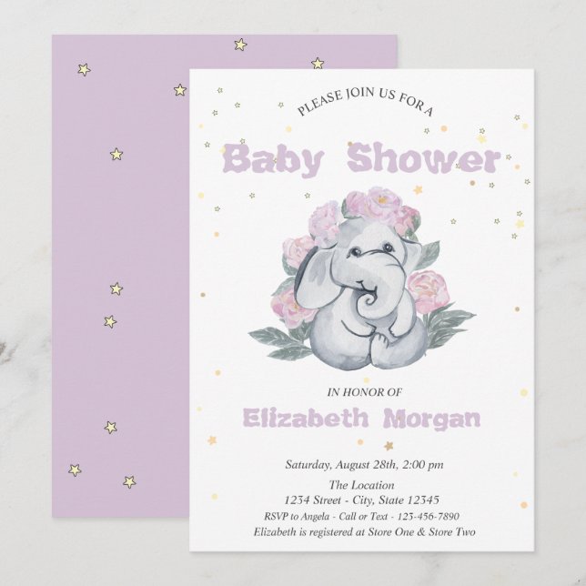 Invitation Adorable Eléphant, Baby shower Fleurs d'étoiles (Devant / Derrière)