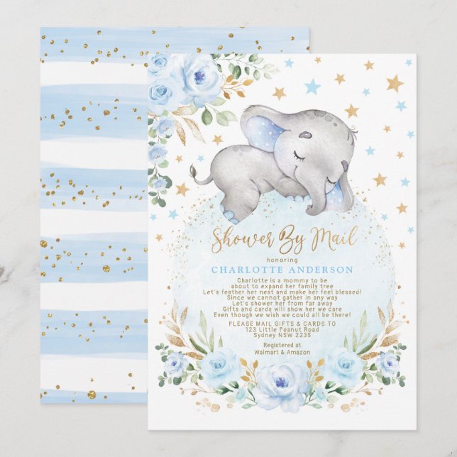 Invitation Adorable Eléphant Baby shower Or Bleu Par Mail (Devant / Derrière)