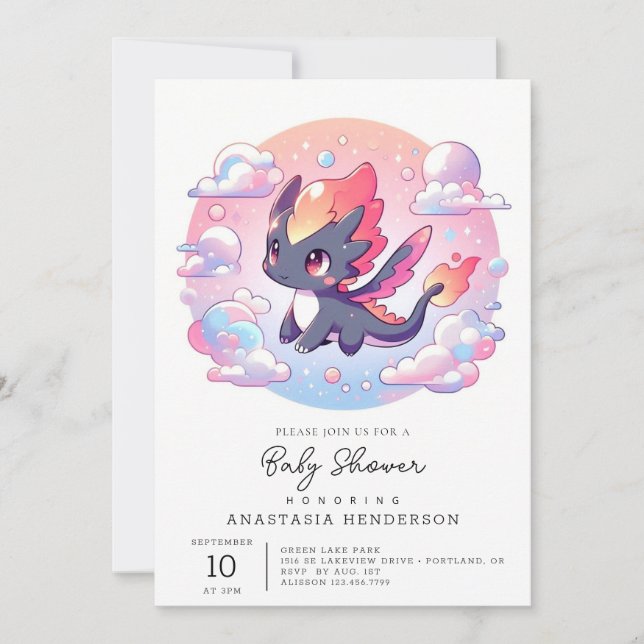 Invitation Adorable Fairytale Baby shower Dragon (Devant)