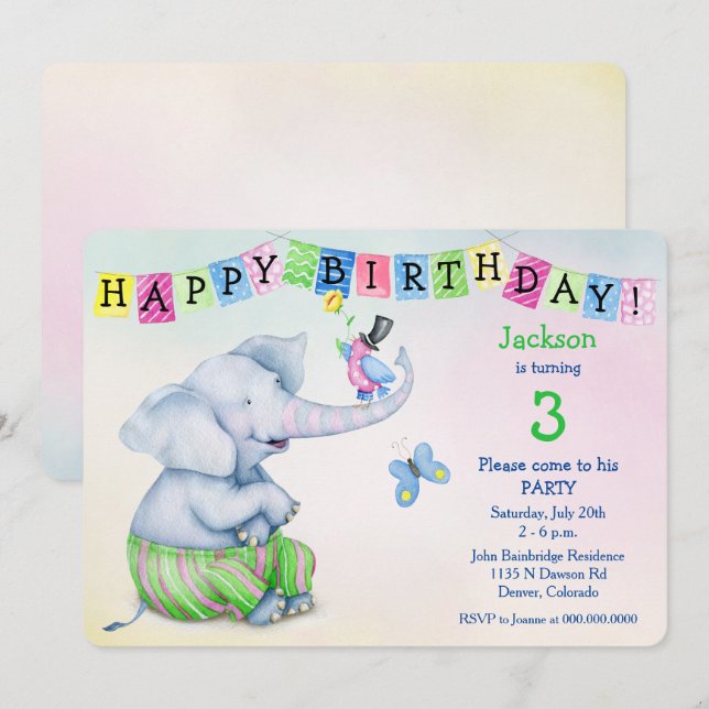 Invitation Adorable fête des éléphants et des Anniversaires d (Devant / Derrière)