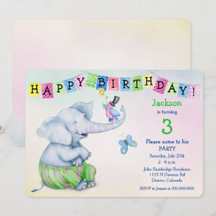 Invitation Adorable fête des éléphants et des Anniversaires d