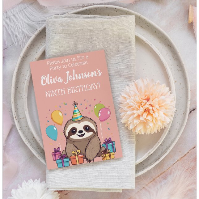 Invitation Adorable Filles Filles Fête Rose Anniversaire (Sweet sloth birthday party invitation. )
