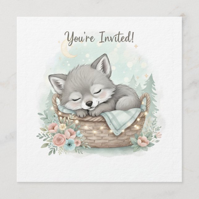 Invitation Adorable, fluffy baby wolf  Baby Shower  (Devant)