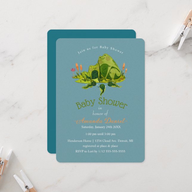Invitation Adorable grenouille maman et Baby shower bébé gren (Devant/Arrière en situation)