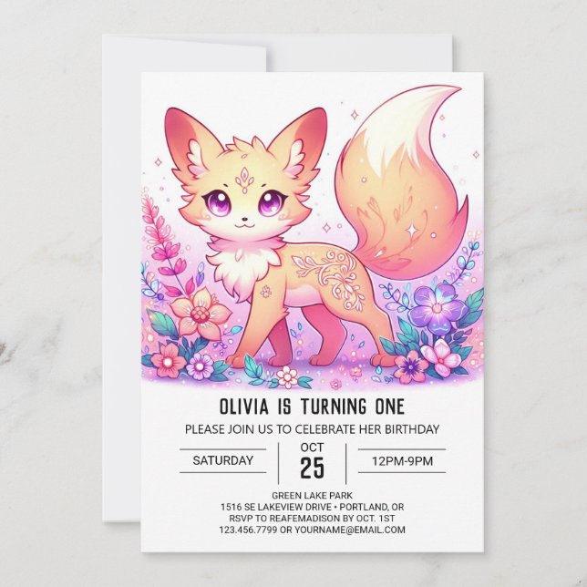 Invitation Adorable Imaginaire Fox 1er anniversaire (Devant)