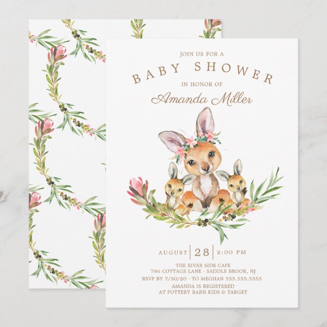 Invitation Adorable Kangaroo Maman & Babies Baby shower jumea (Devant / Derrière)