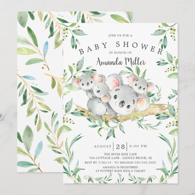 Invitation Adorable Koala BearTriplets Baby shower (Devant / Derrière)