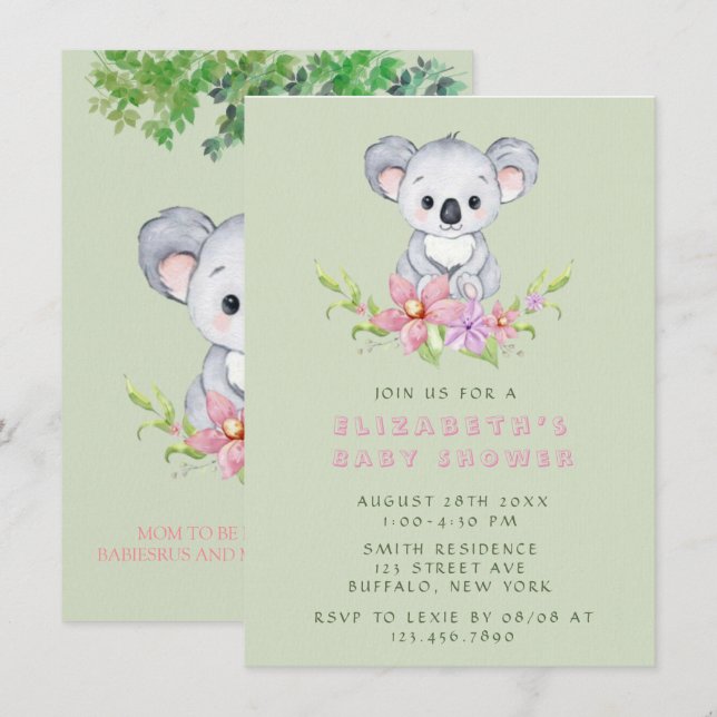 Invitation Adorable Koala ours Baby shower fille (Devant / Derrière)