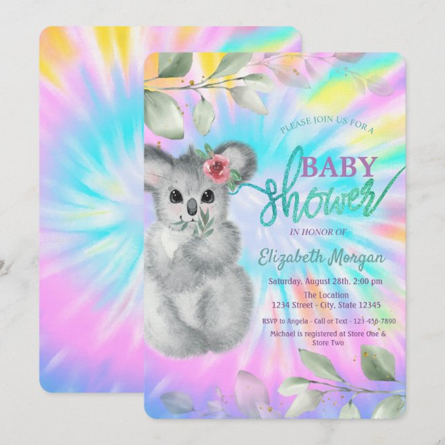 Invitation Adorable Koala Tie Dye Baby shower (Devant / Derrière)