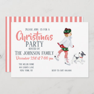 Invitation Adorable little girl skating on ice and dog