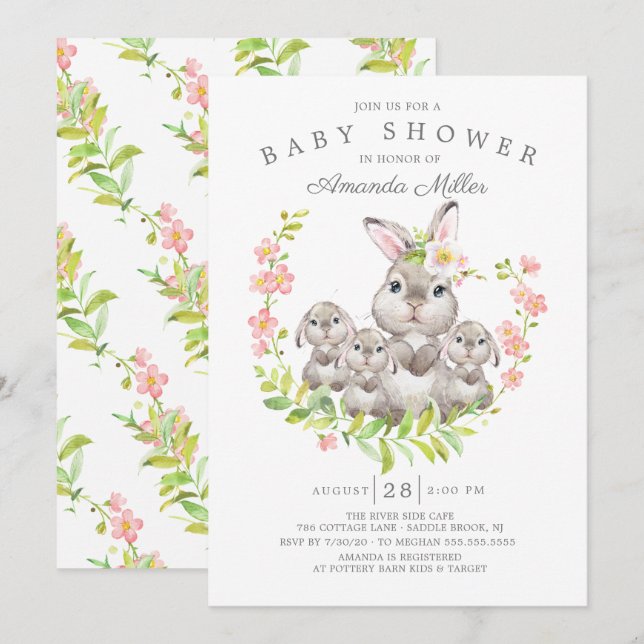 Invitation Adorable Maman & Baby Bunnies Triplets Baby shower (Devant / Derrière)