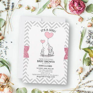 Invitation Adorable Maman & Bébé Éléphants Roses Baby Shower