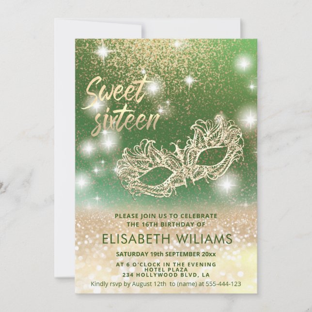 Invitation Adorable Masquerade charmant glittery ombre vert (Devant)