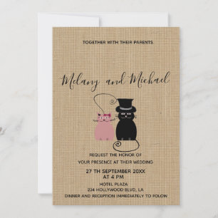 Invitation Adorable mignon chats caricaturés en burlap amoure