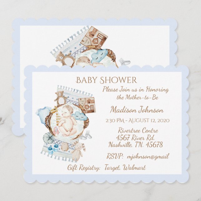 Invitation Adorable Nouveau-né Bleu bébé garçon douche (Devant / Derrière)