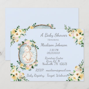 Invitation Adorable Nouveau-né Bleu Floral Bébé Garçon Douche