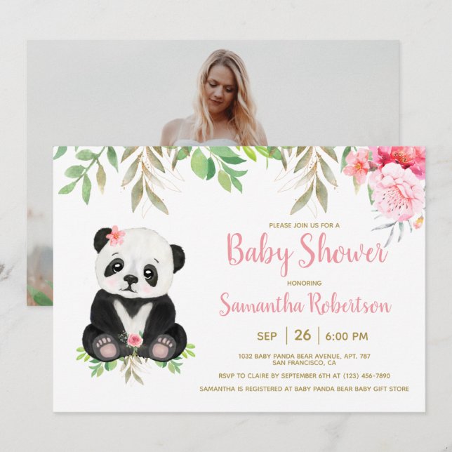 Invitation Adorable Ours Blush rose Baby shower Floral Photo (Devant / Derrière)
