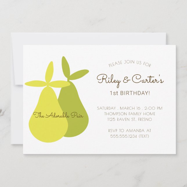 Invitation Adorable paire jumeaux Anniversaire Jaune poires v (Devant)