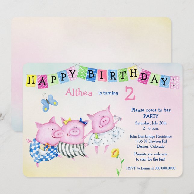 Invitation Adorable parti Anniversaire de enfant des Trois Co (Devant / Derrière)