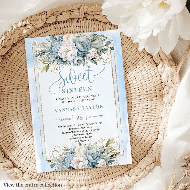 Invitation Adorable Pastel Bleu Blanc Floral Doux 16 Invitati (Adorable Pastel Blue White Floral Sweet 16 Invitation)