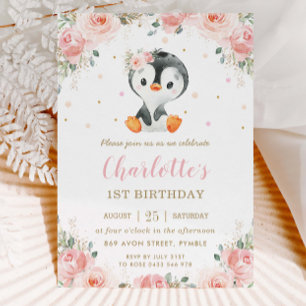 Invitation Adorable Penguin Blush Floral Girl 1er anniversair