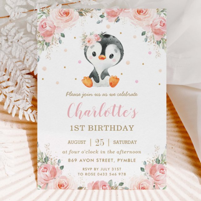 Invitation Adorable Penguin Blush Floral Girl 1er anniversair (Créateur téléchargé)