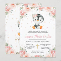 Adorable Penguin Blush Floral Girl Christening