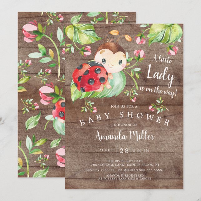 Invitation Adorable Petit Baby shower Lady Ladybug (Devant / Derrière)