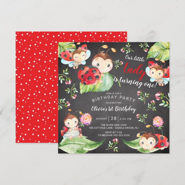 Invitation Adorable Petite Dame Ladybug 1er Anniversaire Invi (Devant / Derrière)