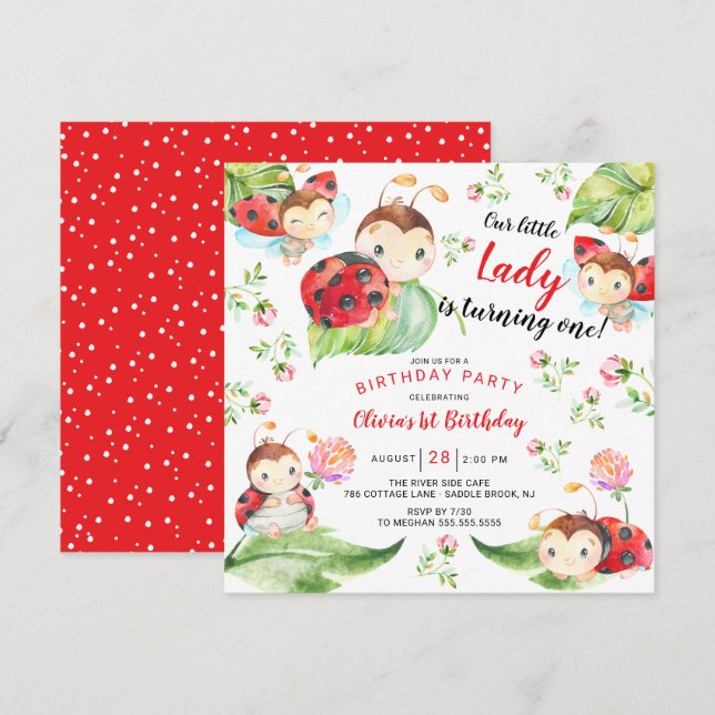 Invitation Adorable Petite Dame Ladybug 1er Anniversaire Invi (Devant / Derrière)