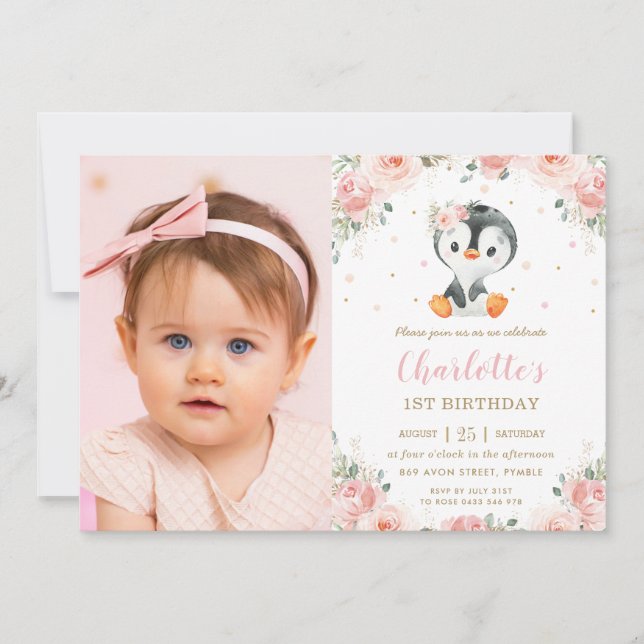Invitation Adorable Pingouin Blush Floral 1er Anniversaire Ph (Devant)
