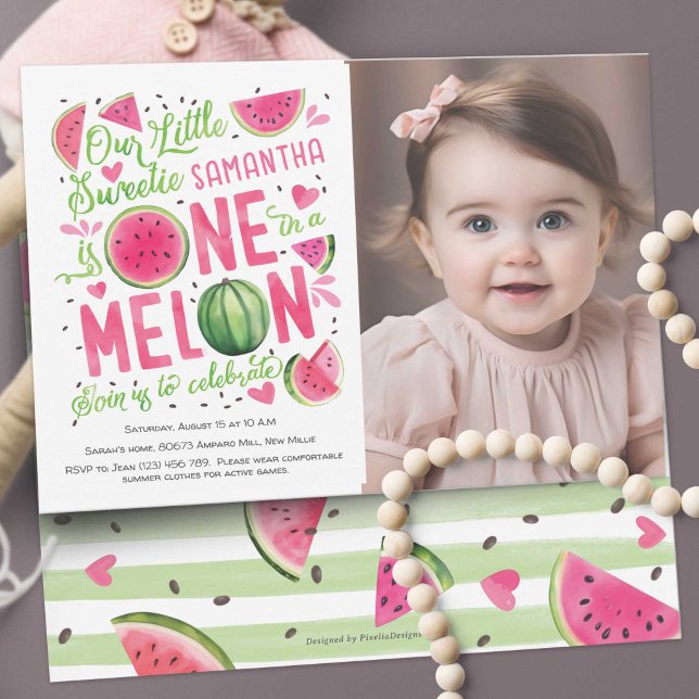 Invitation Adorable Pink Watermelon, mignon été 1er anniversa (Summer Cute Pink Watercolor One In a Melon, Watercolor Themed Girl 1st Birthday Photo Invitation. )