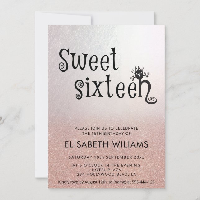 Invitation Adorable plaisir chat rose or glittery ombre invit (Devant)