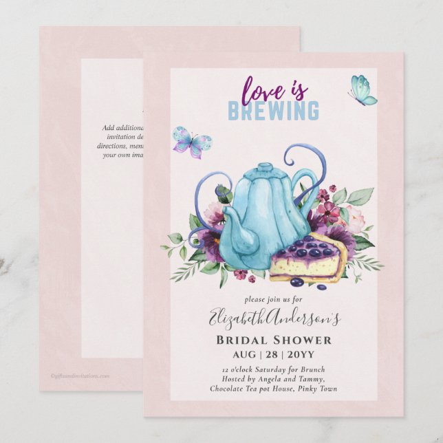 Invitation Adorable Pot de thé Fête des mariées Déjeuner Invi (Devant / Derrière)