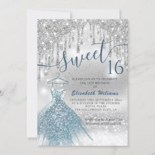 Invitation Adorable robe bleu argent gouttes d'ombre dans