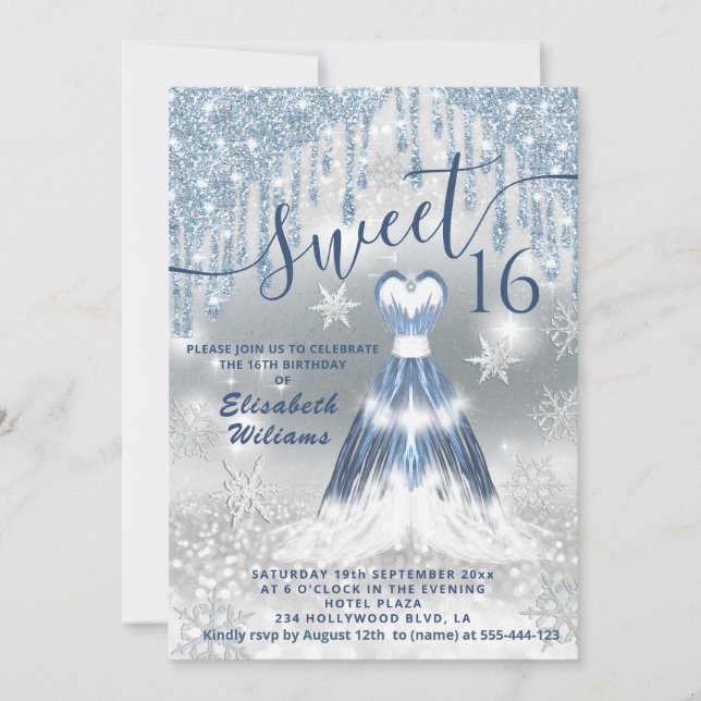 Invitation Adorable robe bleu brillant argent gouttes glitter (Devant)