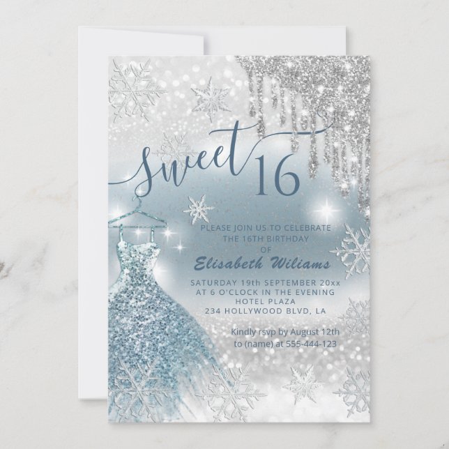 Invitation Adorable robe bleue argent gouttes de glittery omb (Devant)