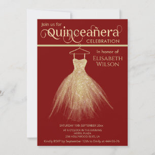 Invitation Adorable robe chic or rouge Quinceañera
