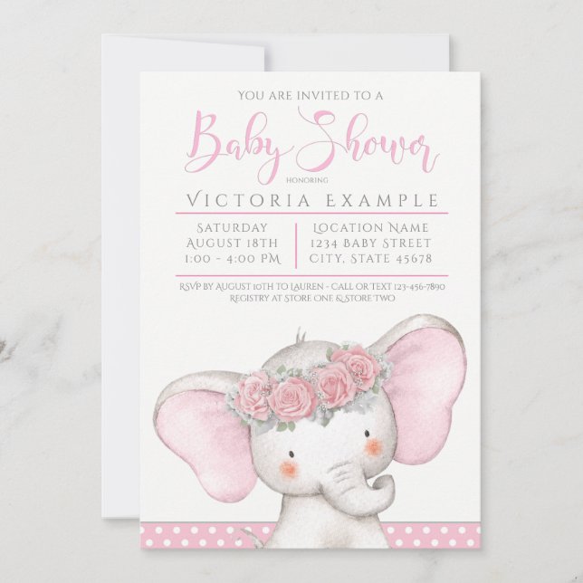 Invitation Adorable rose bébé fille Baby shower éléphant (Devant)